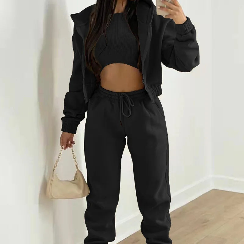Women's 3 Piece Sets Suit Casual Long Sleeve Zip Hoodies Tank High Waist Sweatpants Jogger Pant Suits Sporty Three Pieces Outfit